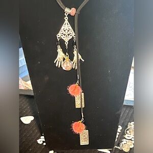 Gypsy fortune teller black leather cord bolero slide necklace